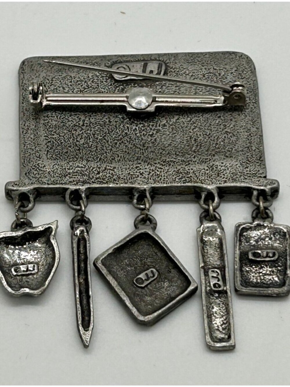 Vintage JJ Teacher Brooch Pewter Math Pin Chalkboard Calculator Charms 2.5 inch - Picture 7 of 7